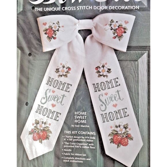 Cross Stitch Kit JCA Bow Ties Door Decor HOME SWEET HOME 08103 Floral 11X17 VTG - Picture 1 of 5